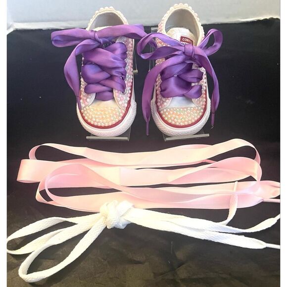 Custom Pearl and Rhinestone Embellished Converse with ribbon  Converse Customized Baby Kids Pearl-Embellished Sneakers with Purple Laces SZ 3